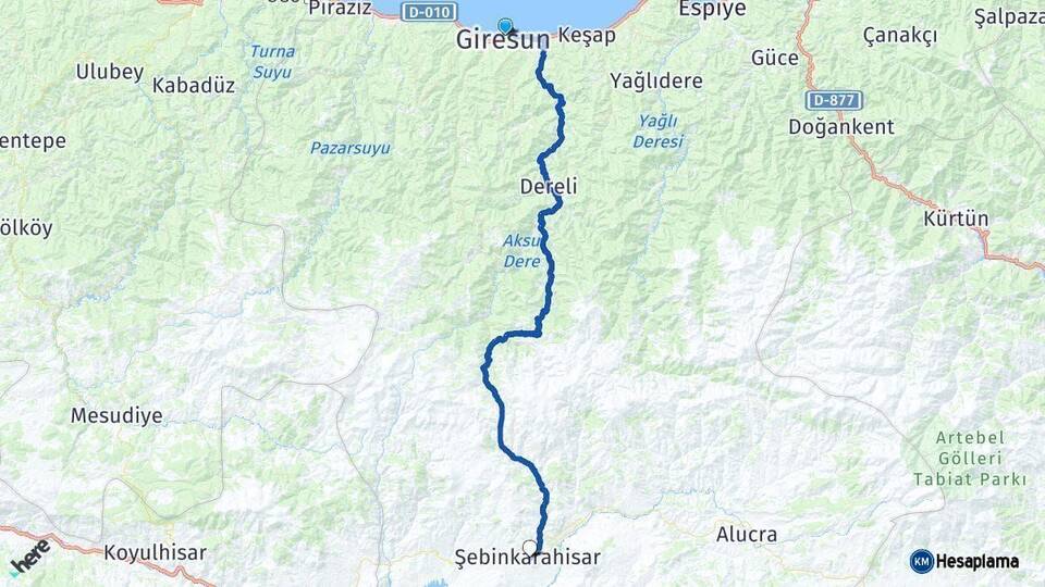 Giresun Şebinkarahisar Arası Kaç Km - Yol Haritası