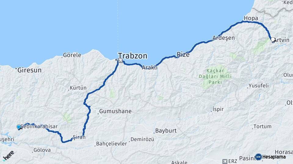 Giresun Şebinkarahisar Artvin Arası Kaç Km - Yol Haritası