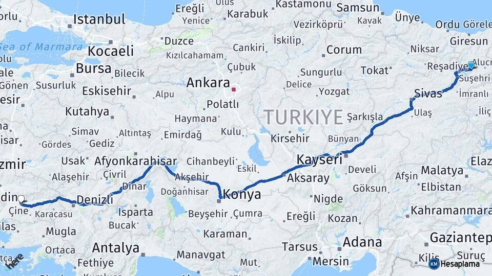 Giresun Şebinkarahisar Aydın Arası Kaç Km - Yol Haritası