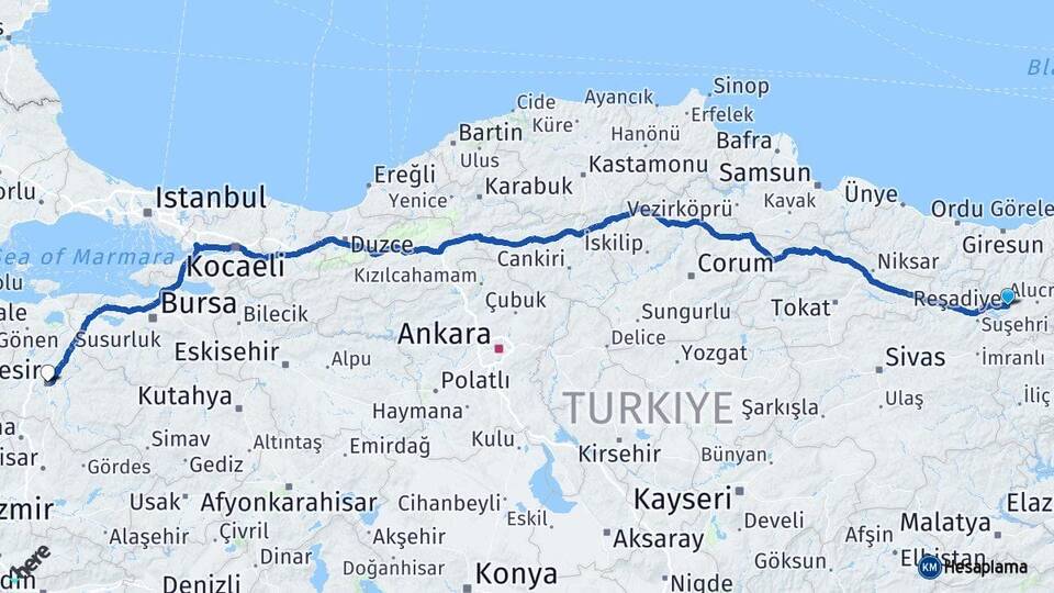 Giresun Şebinkarahisar Balıkesir Arası Kaç Km - Yol Haritası