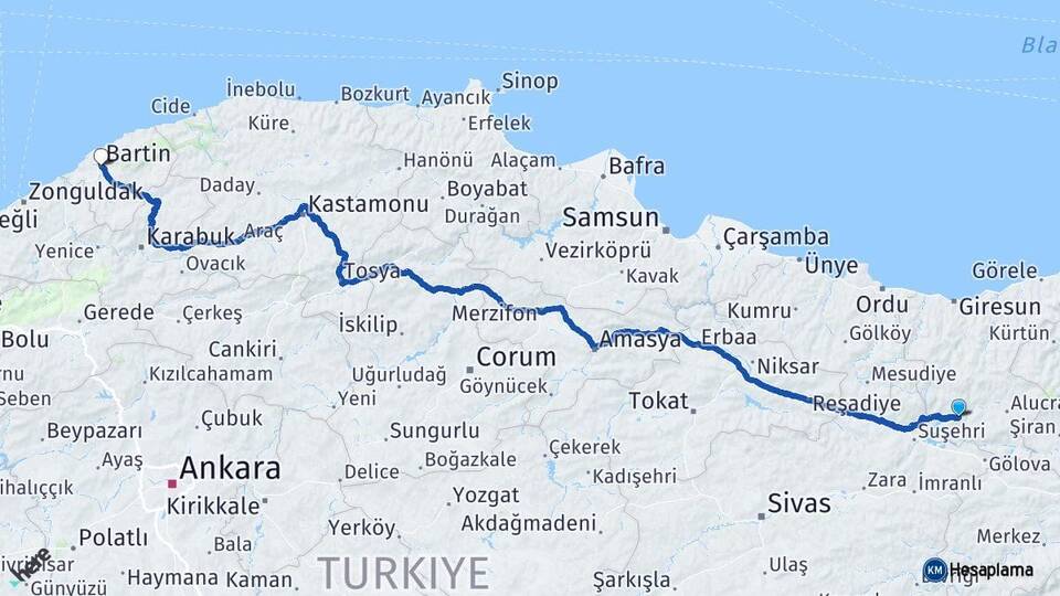 Giresun Şebinkarahisar Bartın Arası Kaç Km - Yol Haritası