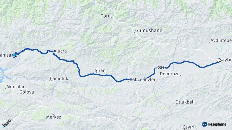 Giresun Şebinkarahisar Bayburt Arası Kaç Km - Yol Haritası