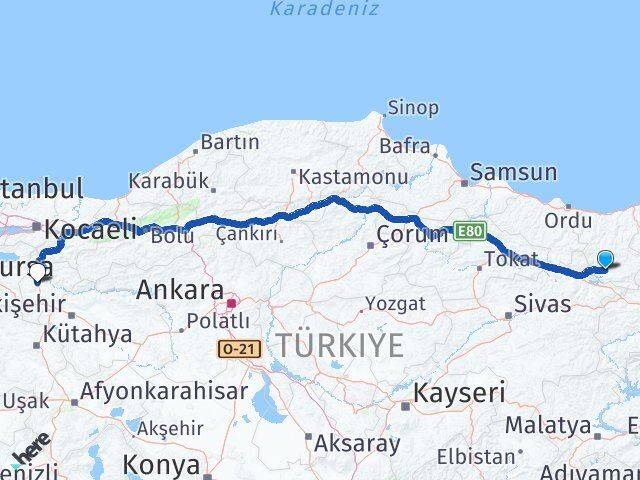 Giresun Şebinkarahisar Bilecik Arası Kaç Km - Yol Haritası