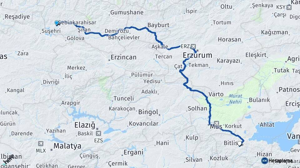 Giresun Şebinkarahisar Bitlis Arası Kaç Km - Yol Haritası