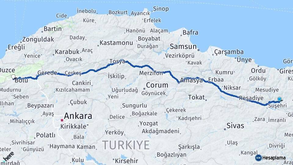 Giresun Şebinkarahisar Bolu Arası Kaç Km - Yol Haritası