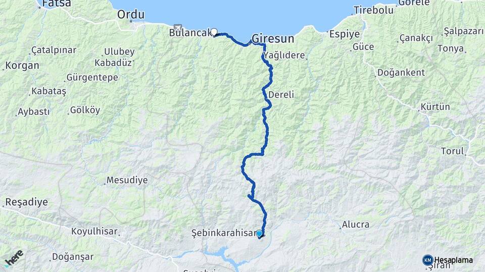 Giresun Şebinkarahisar Bulancak Arası Kaç Km - Yol Haritası
