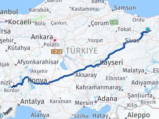 Giresun Şebinkarahisar Burdur Arası Kaç Km - Yol Haritası