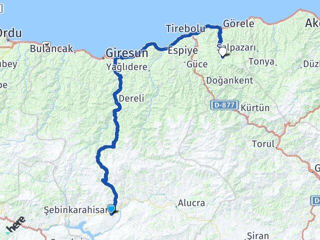 Giresun Şebinkarahisar Çanakçı Arası Kaç Km - Yol Haritası