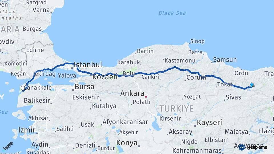 Giresun Şebinkarahisar Çanakkale Arası Kaç Km - Yol Haritası