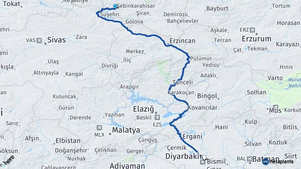 Giresun Şebinkarahisar Diyarbakır Arası Kaç Km - Yol Haritası