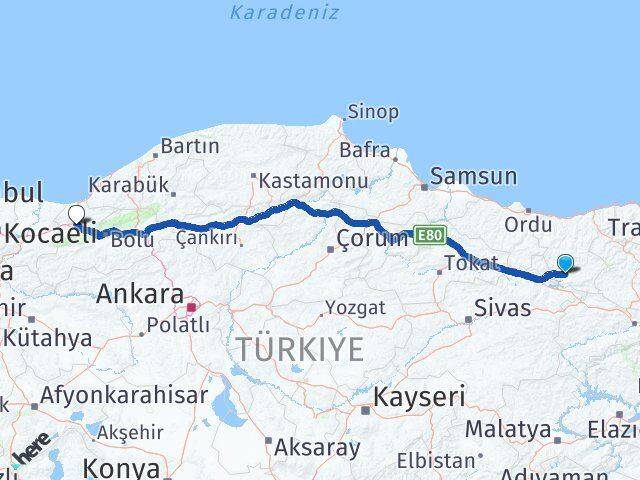 Giresun Şebinkarahisar Düzce Arası Kaç Km - Yol Haritası
