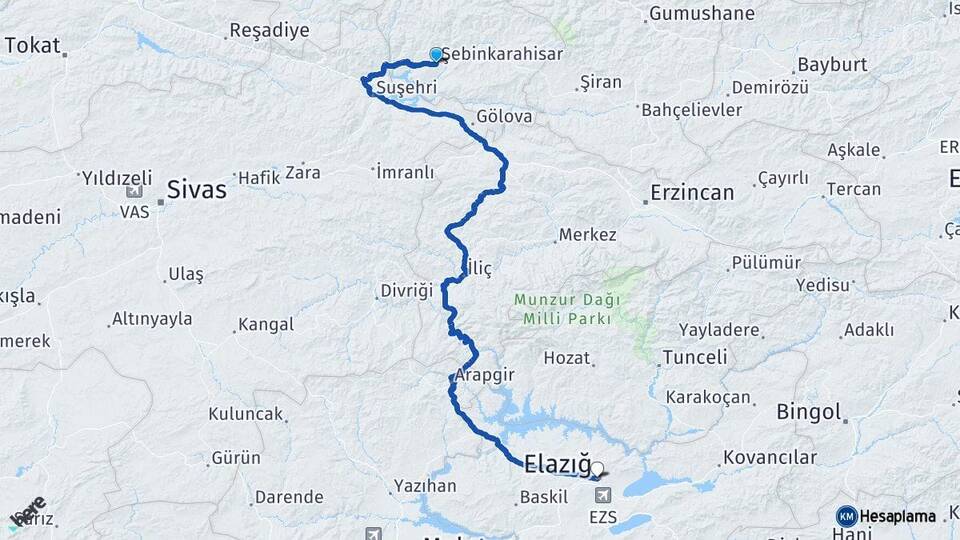 Giresun Şebinkarahisar Elazığ Arası Kaç Km - Yol Haritası