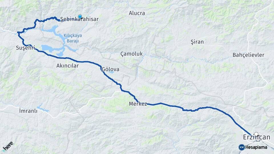 Giresun Şebinkarahisar Erzincan Arası Kaç Km - Yol Haritası
