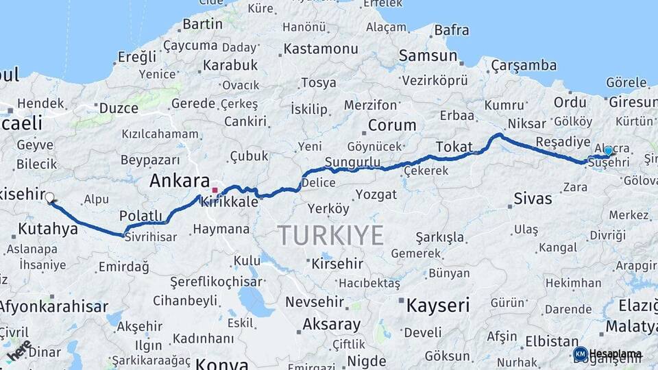 Giresun Şebinkarahisar Eskişehir Arası Kaç Km - Yol Haritası
