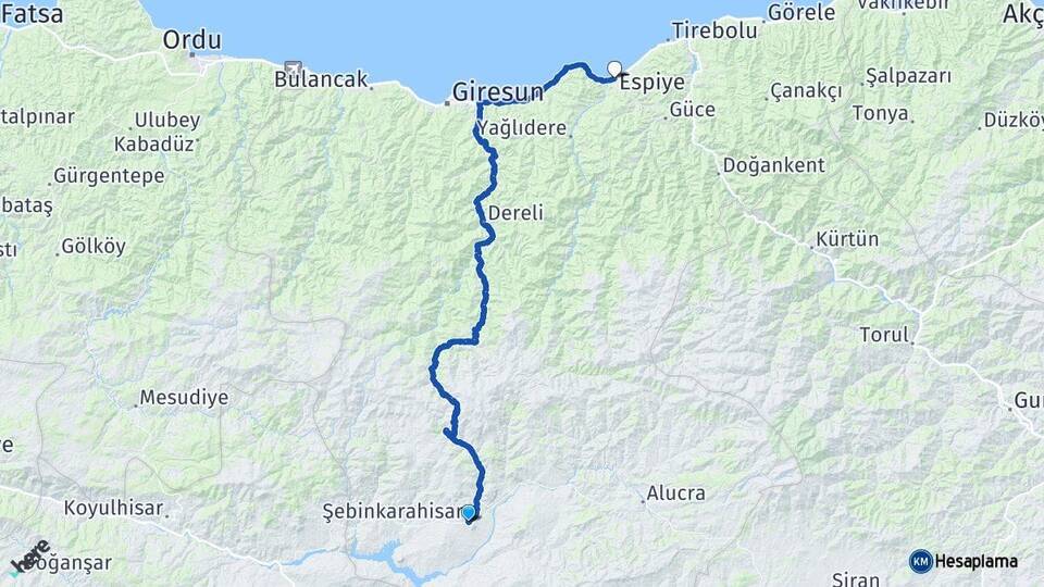 Giresun Şebinkarahisar Espiye Arası Kaç Km - Yol Haritası