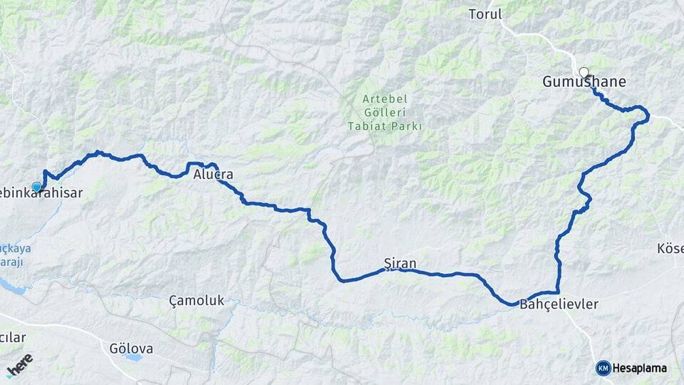 Giresun Şebinkarahisar Gümüşhane Arası Kaç Km - Yol Haritası