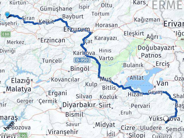 Giresun Şebinkarahisar Hakkari Arası Kaç Km - Yol Haritası