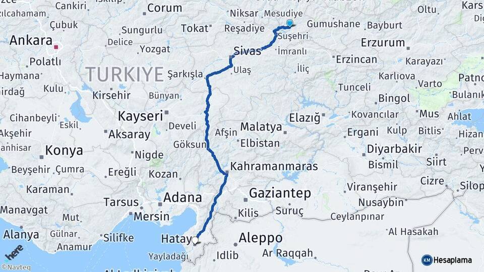 Giresun Şebinkarahisar Hatay Arası Kaç Km - Yol Haritası