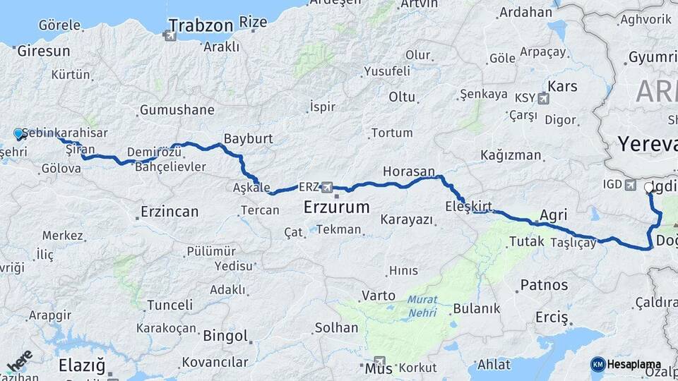 Giresun Şebinkarahisar Iğdır Arası Kaç Km - Yol Haritası