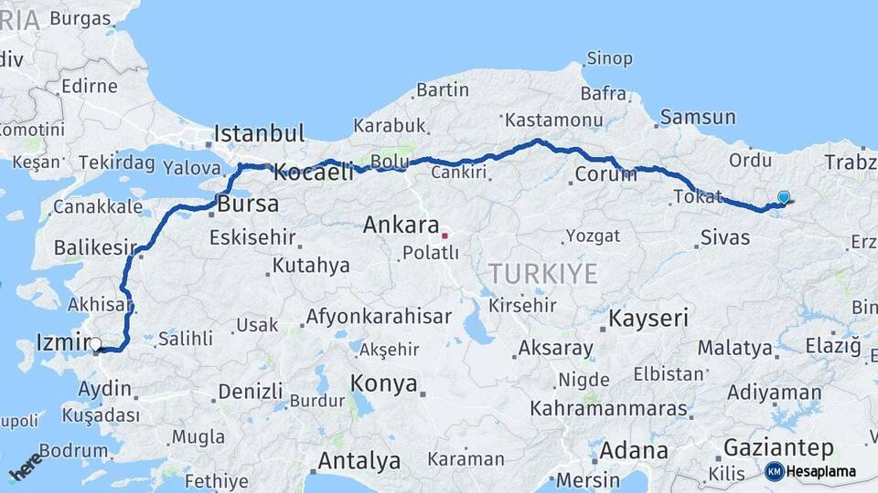 Giresun Şebinkarahisar İzmir Arası Kaç Km - Yol Haritası