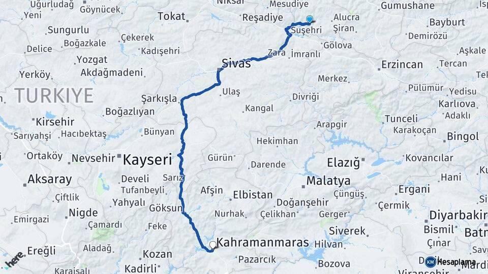 Giresun Şebinkarahisar Kahramanmaraş Arası Kaç Km - Yol Haritası