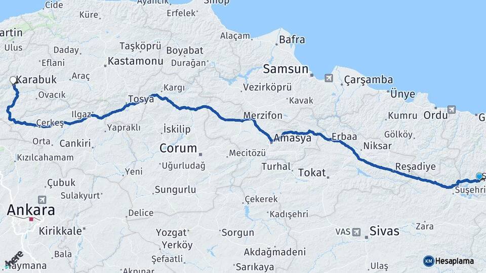 Giresun Şebinkarahisar Karabük Arası Kaç Km - Yol Haritası