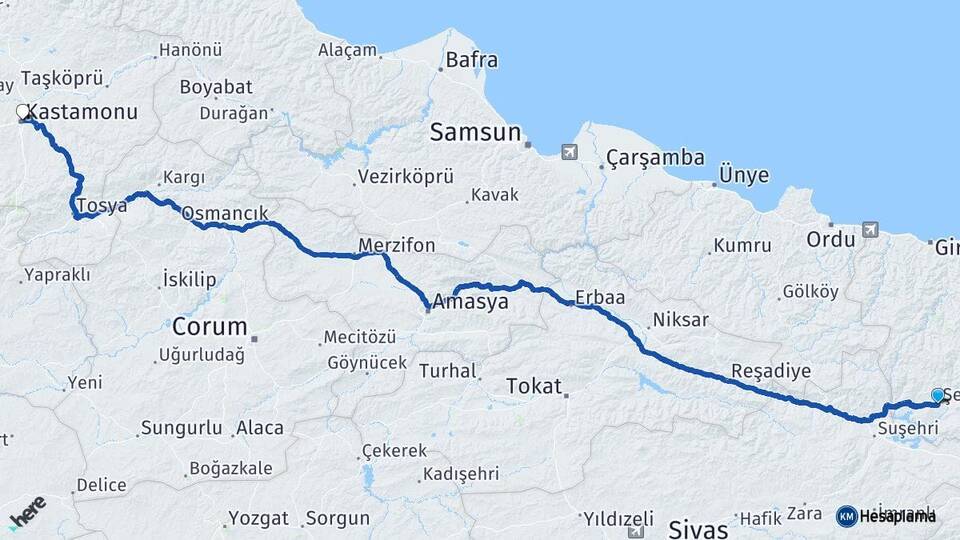 Giresun Şebinkarahisar Kastamonu Arası Kaç Km - Yol Haritası
