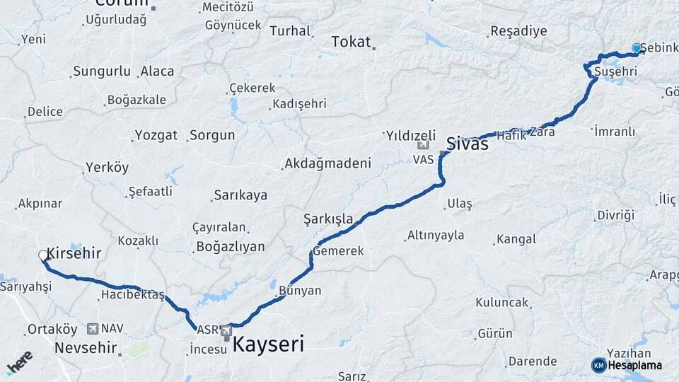 Giresun Şebinkarahisar Kırşehir Arası Kaç Km - Yol Haritası