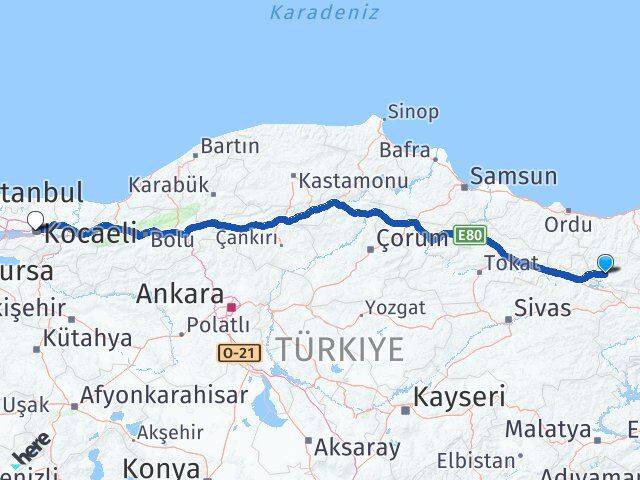 Giresun Şebinkarahisar Kocaeli Arası Kaç Km - Yol Haritası
