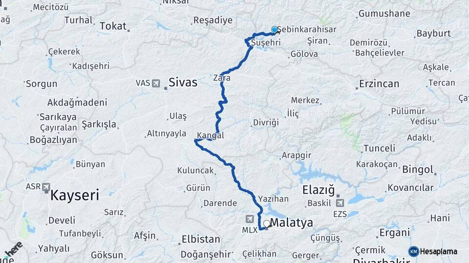 Giresun Şebinkarahisar Malatya Arası Kaç Km - Yol Haritası