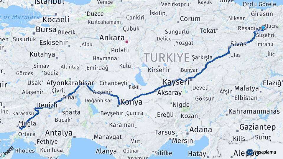 Giresun Şebinkarahisar Muğla Arası Kaç Km - Yol Haritası