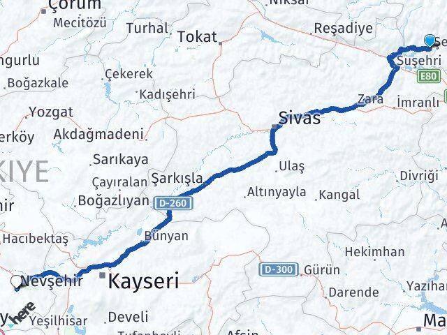 Giresun Şebinkarahisar Nevşehir Arası Kaç Km - Yol Haritası