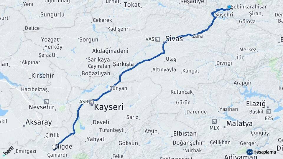 Giresun Şebinkarahisar Niğde Arası Kaç Km - Yol Haritası