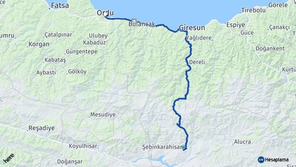 Giresun Şebinkarahisar Ordu Arası Kaç Km - Yol Haritası