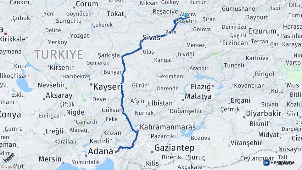 Giresun Şebinkarahisar Osmaniye Arası Kaç Km - Yol Haritası