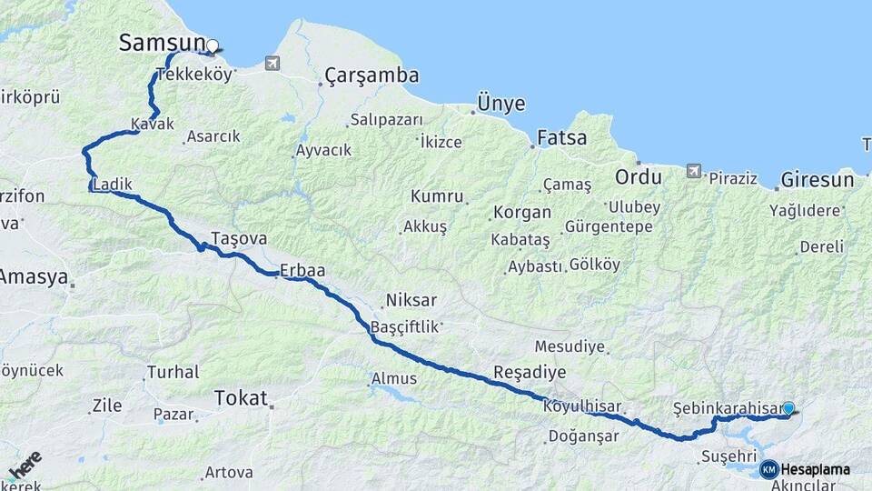Giresun Şebinkarahisar Samsun Arası Kaç Km - Yol Haritası
