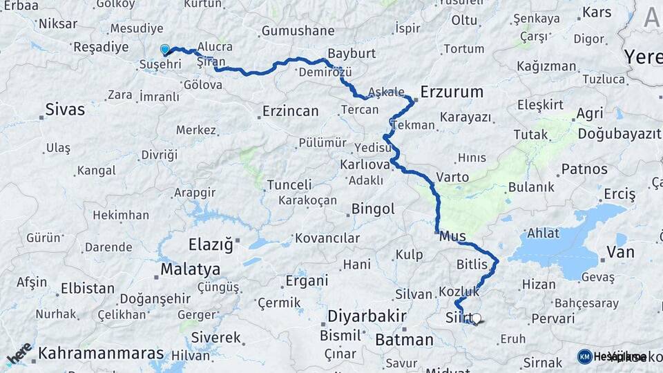 Giresun Şebinkarahisar Siirt Arası Kaç Km - Yol Haritası