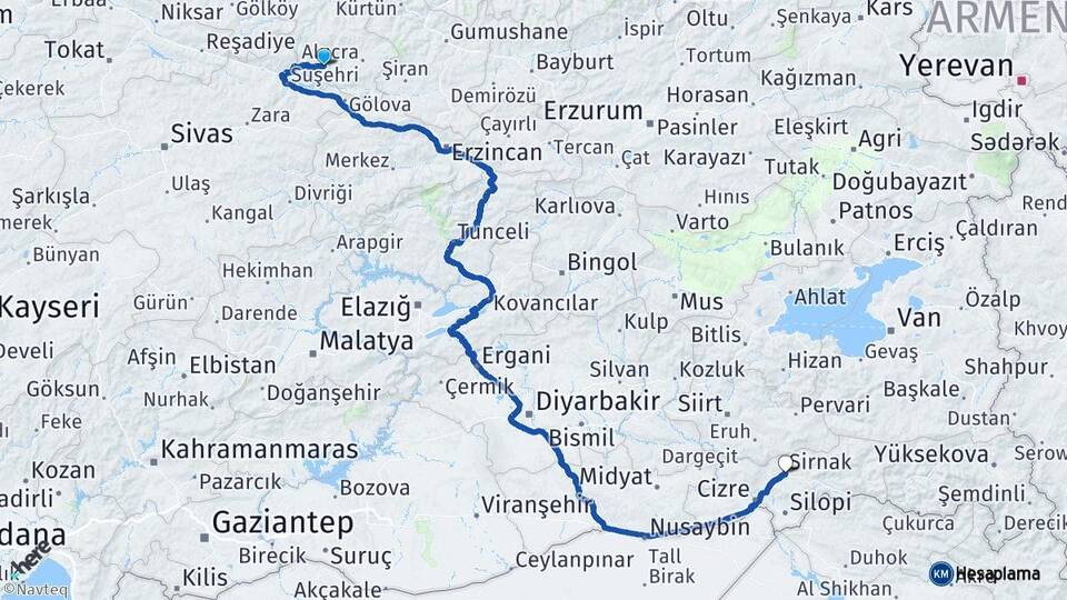 Giresun Şebinkarahisar Şırnak Arası Kaç Km - Yol Haritası