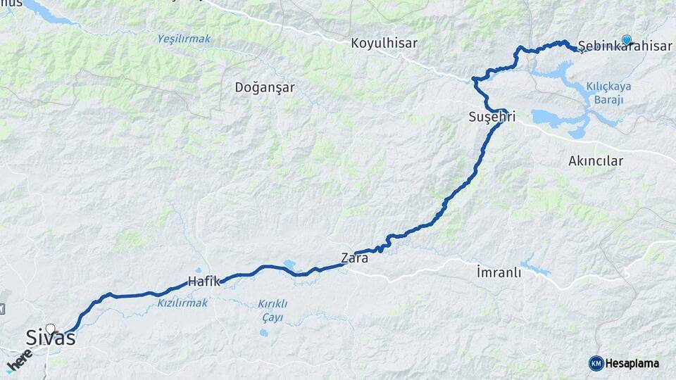 Giresun Şebinkarahisar Sivas Arası Kaç Km - Yol Haritası