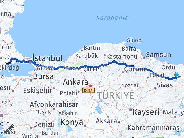 Giresun Şebinkarahisar Tekirdağ Arası Kaç Km - Yol Haritası