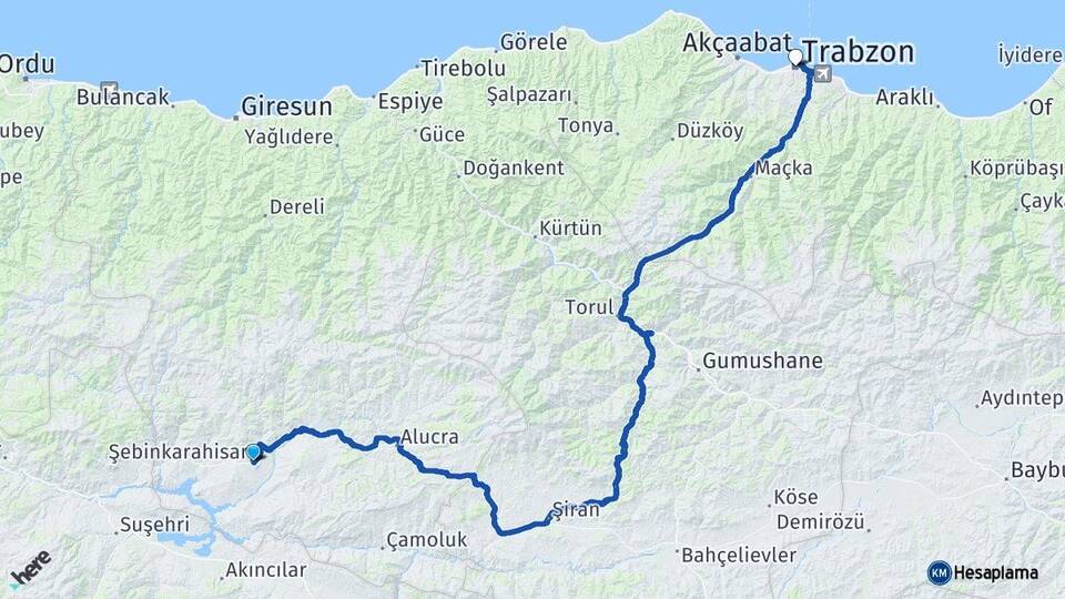 Giresun Şebinkarahisar Trabzon Arası Kaç Km - Yol Haritası