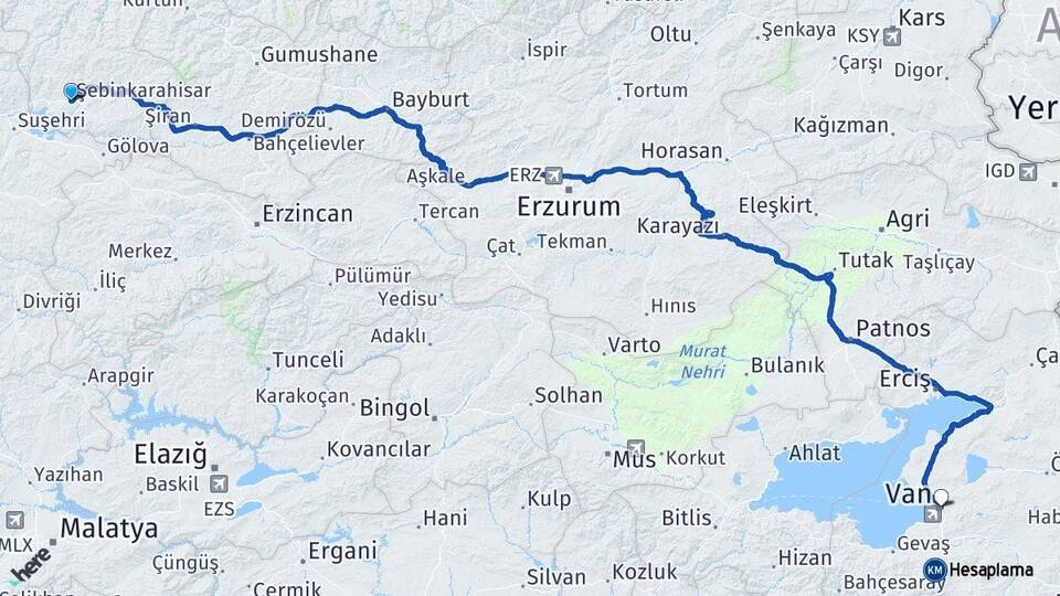 Giresun Şebinkarahisar Van Arası Kaç Km - Yol Haritası