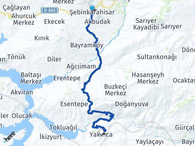 Giresun Şebinkarahisar Yakınca Şebinkarahisar Arası Kaç Km - Yol Haritası
