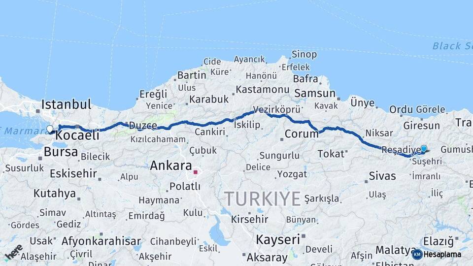 Giresun Şebinkarahisar Yalova Arası Kaç Km - Yol Haritası
