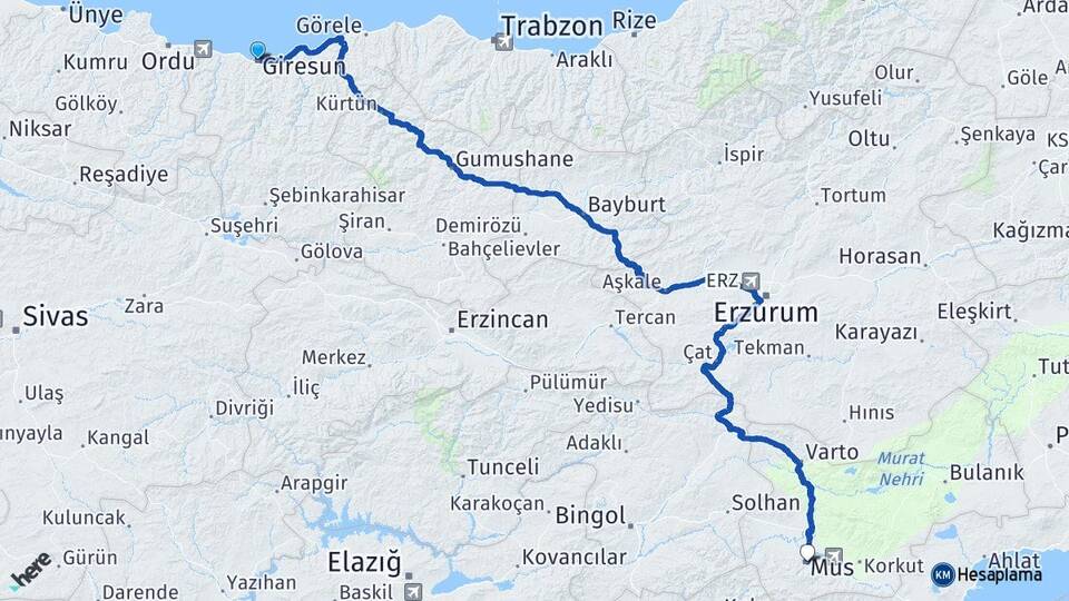 Giresun Seldeğirmeni Arası Kaç Km - Yol Haritası