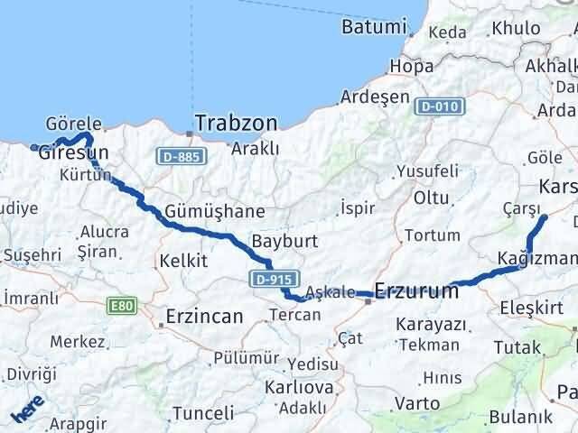 Giresun Selim Kars Arası Kaç Km - Yol Haritası