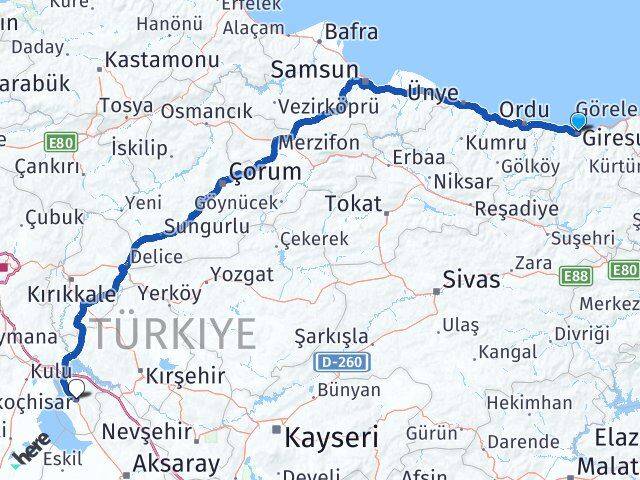 Giresun Şereflikoçhisar Ankara Arası Kaç Km - Yol Haritası