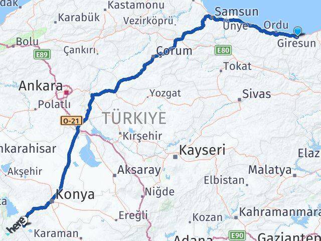 Giresun Seydişehir Konya Arası Kaç Km - Yol Haritası