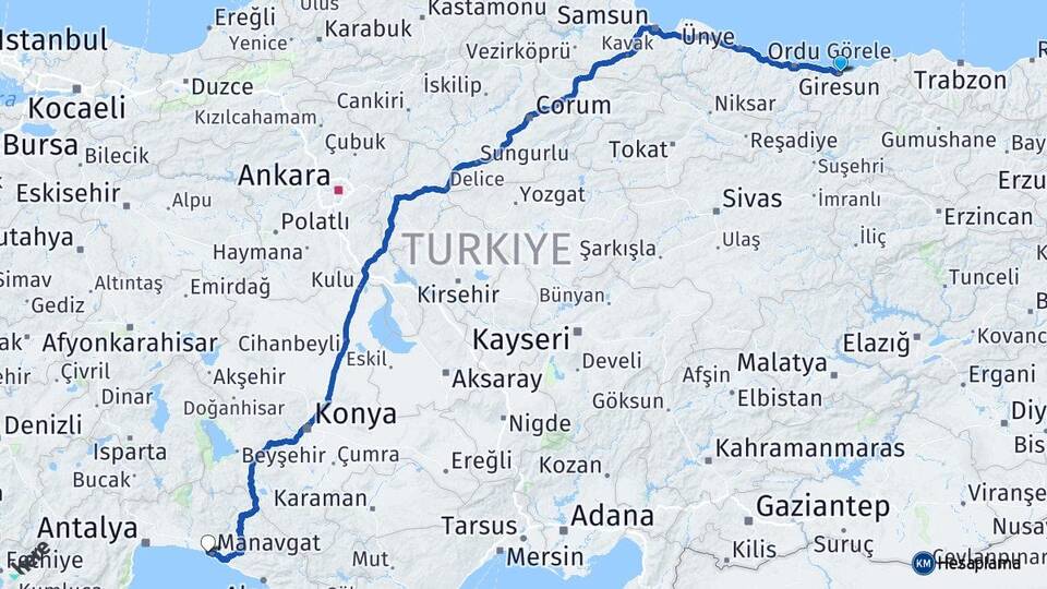 Giresun Side Manavgat Antalya Arası Kaç Km - Yol Haritası