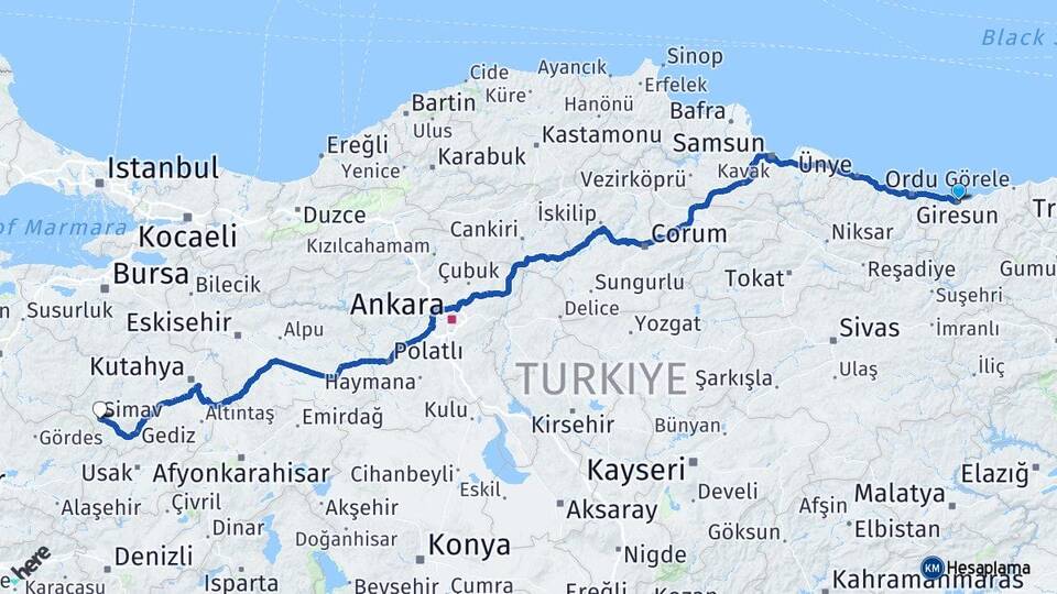 Giresun Simav Kütahya Arası Kaç Km - Yol Haritası